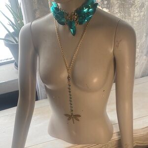 Fairytale fairy scalemail🧚‍♀️ Teal and Gold Necklace with Dragonfly pendant